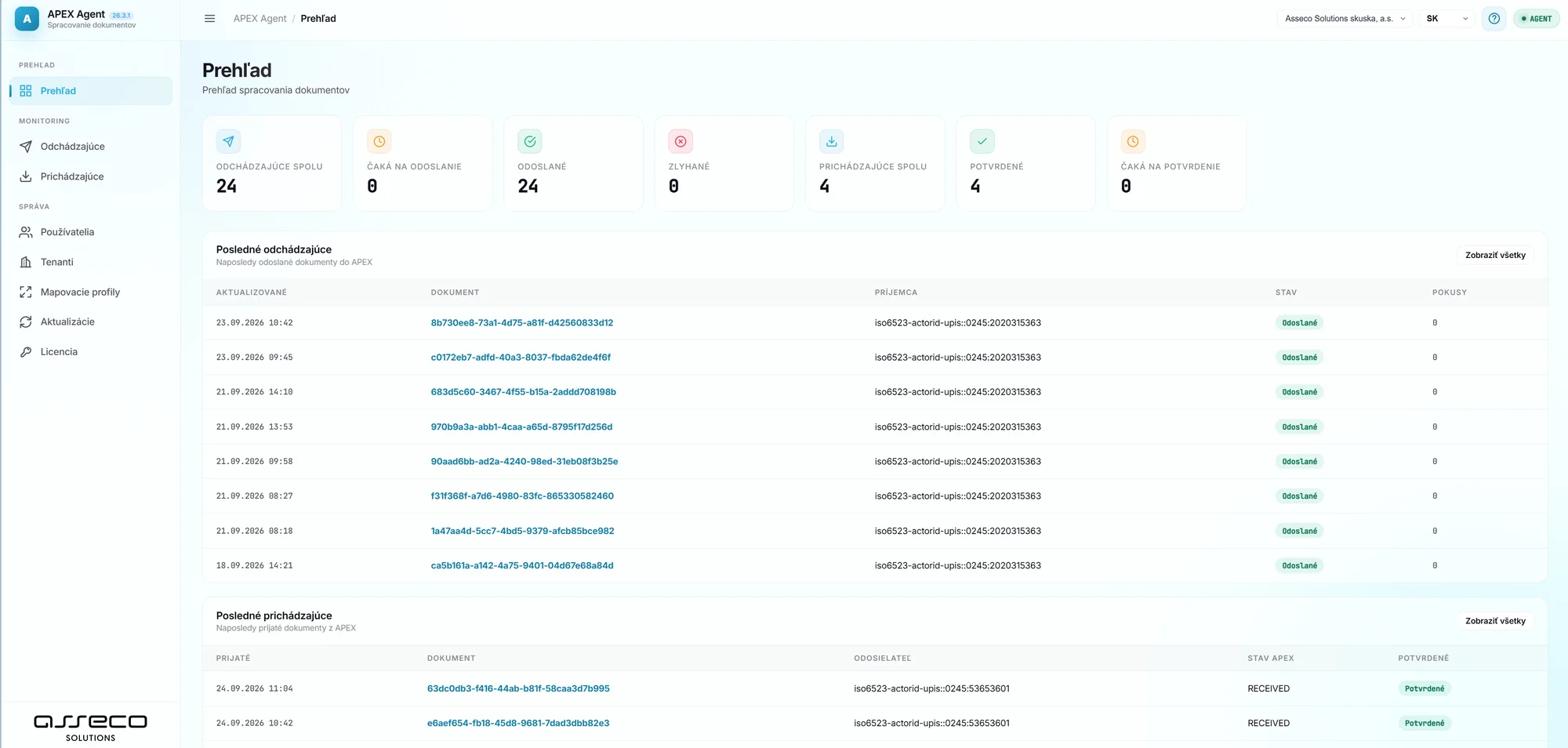 APEX Agent – document processing overview: 24 outgoing, 24 sent, 0 failed, 4 incoming and 4 confirmed