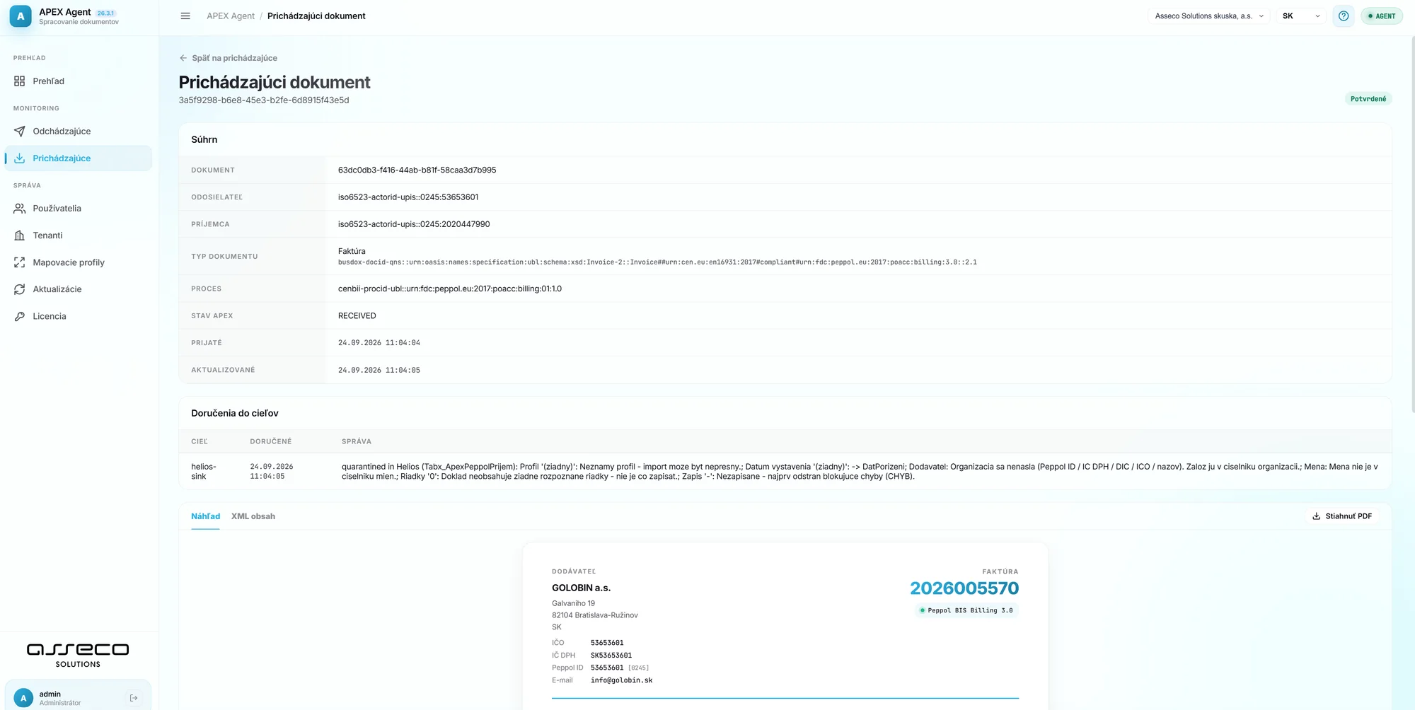 Incoming document detail: sender, recipient, document type, delivery to destination and invoice preview