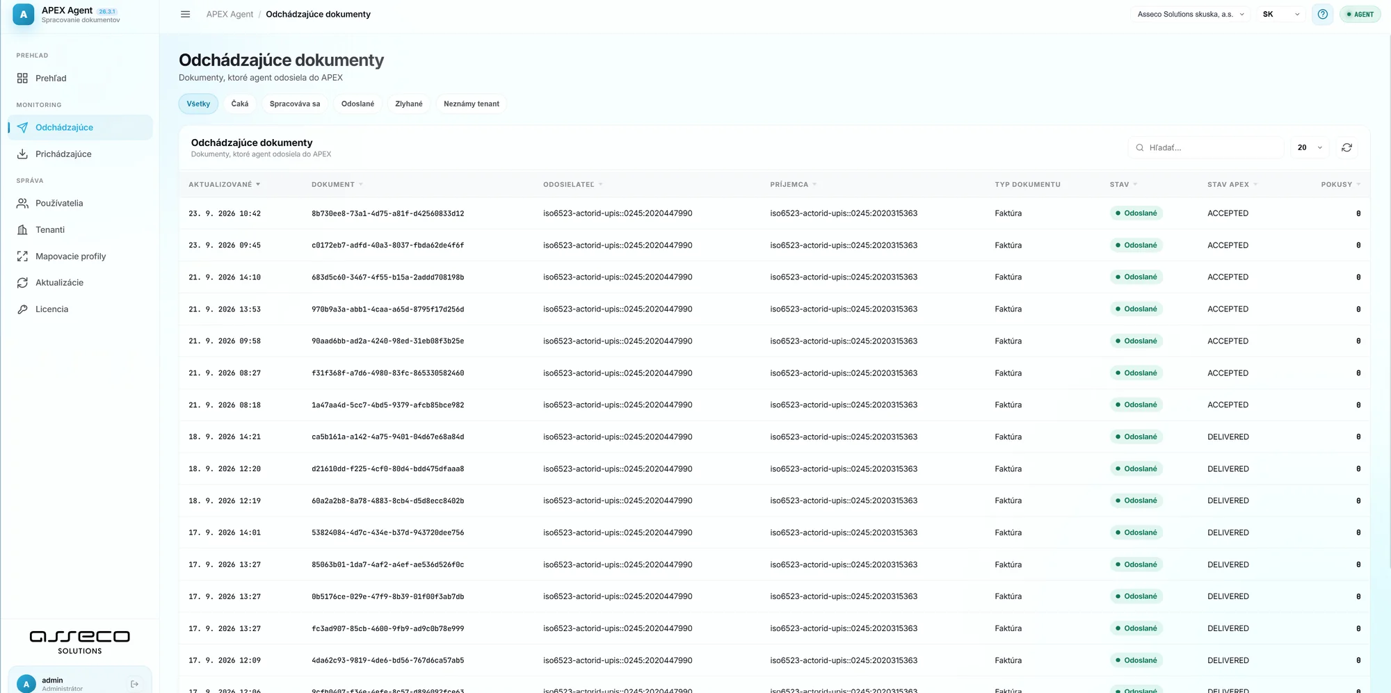 List of outgoing documents with their Agent status and delivery status ACCEPTED or DELIVERED