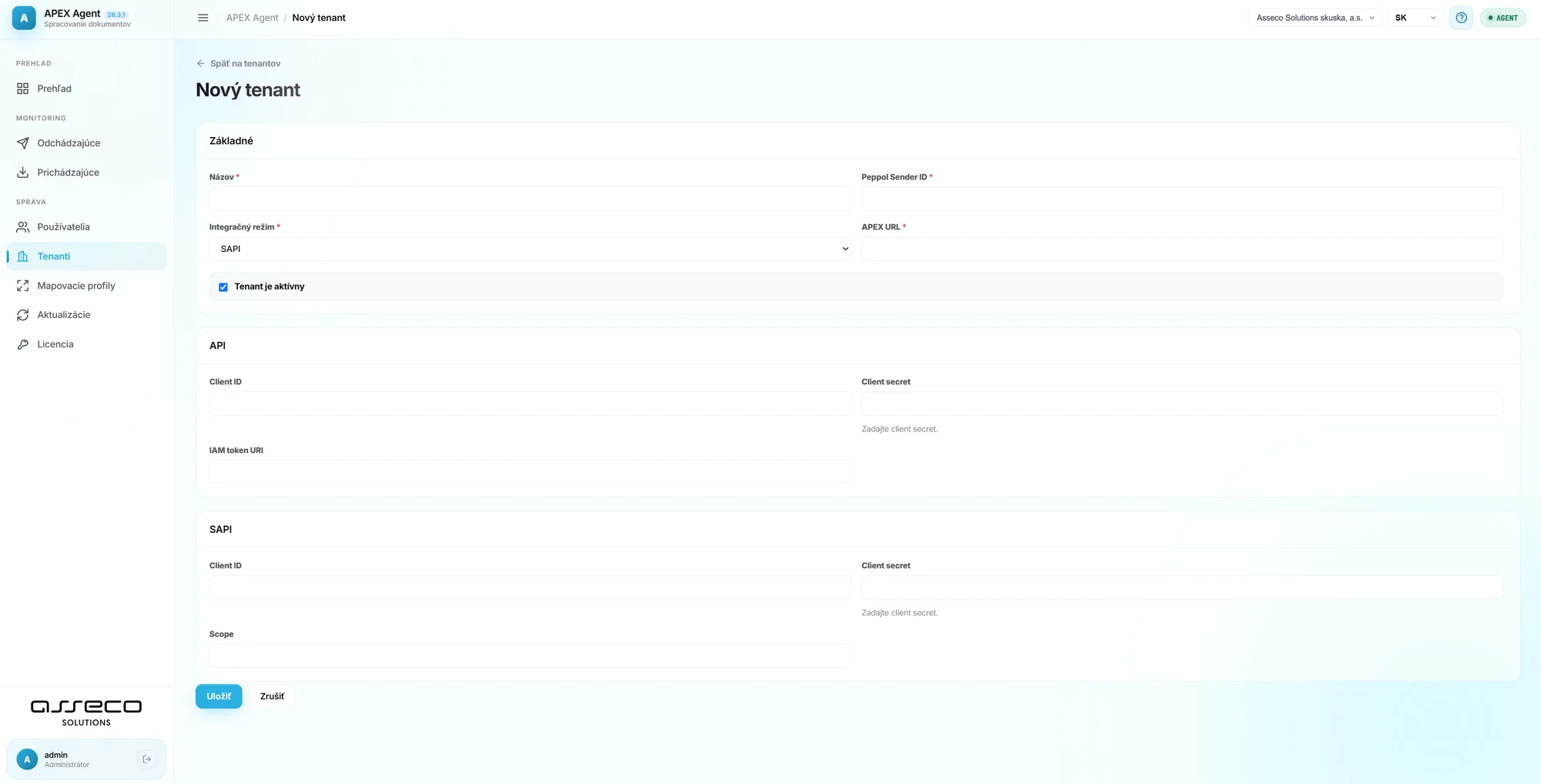 New tenant form – basic details, integration mode and API and SAPI access keys