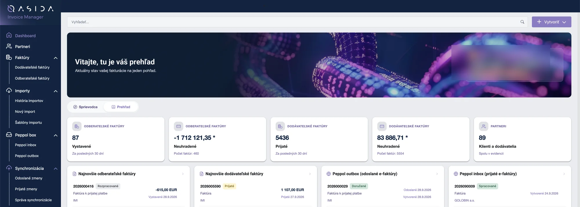 QASIDA Invoice Manager – dashboard with an overview of customer and supplier invoices, partners and the Peppol box