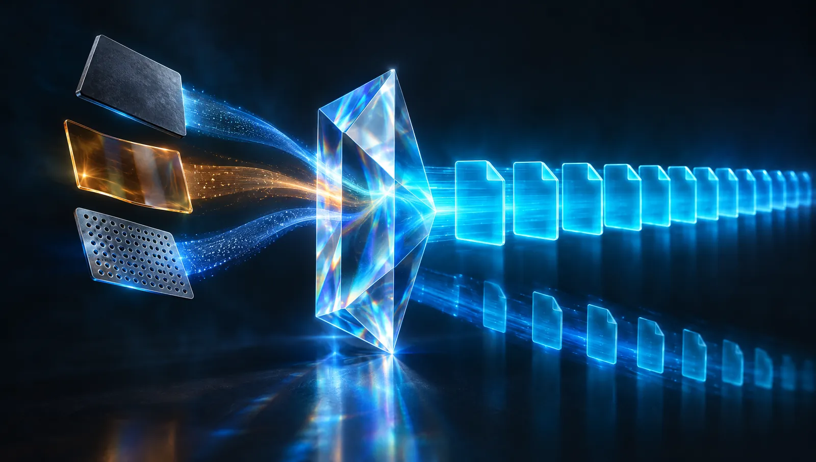 Illustration: various document formats pass through a crystal prism and emerge as a single stream of e-invoices