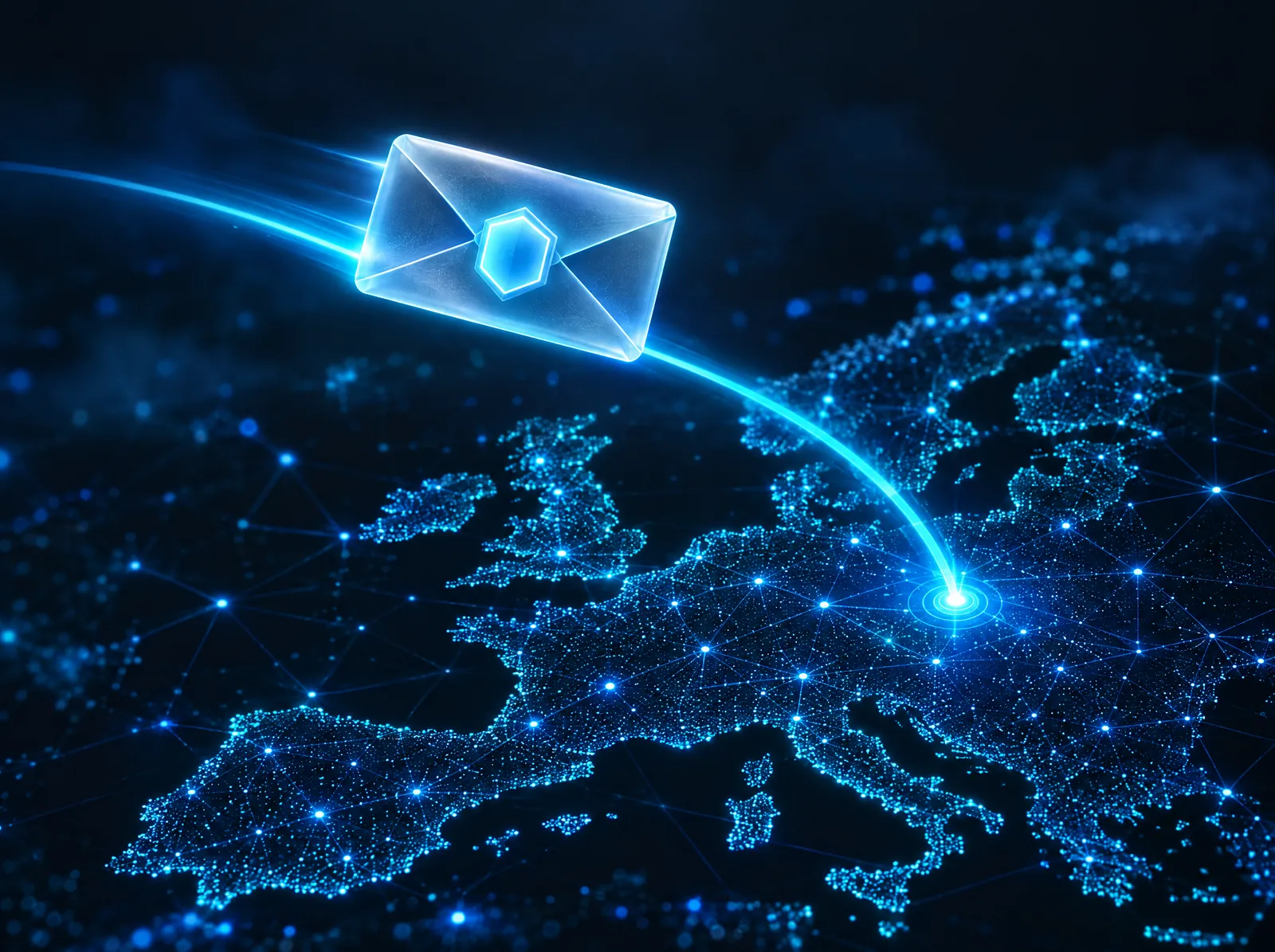 Illustration: a glass envelope with a shield flies along a trail of light over a map of Europe