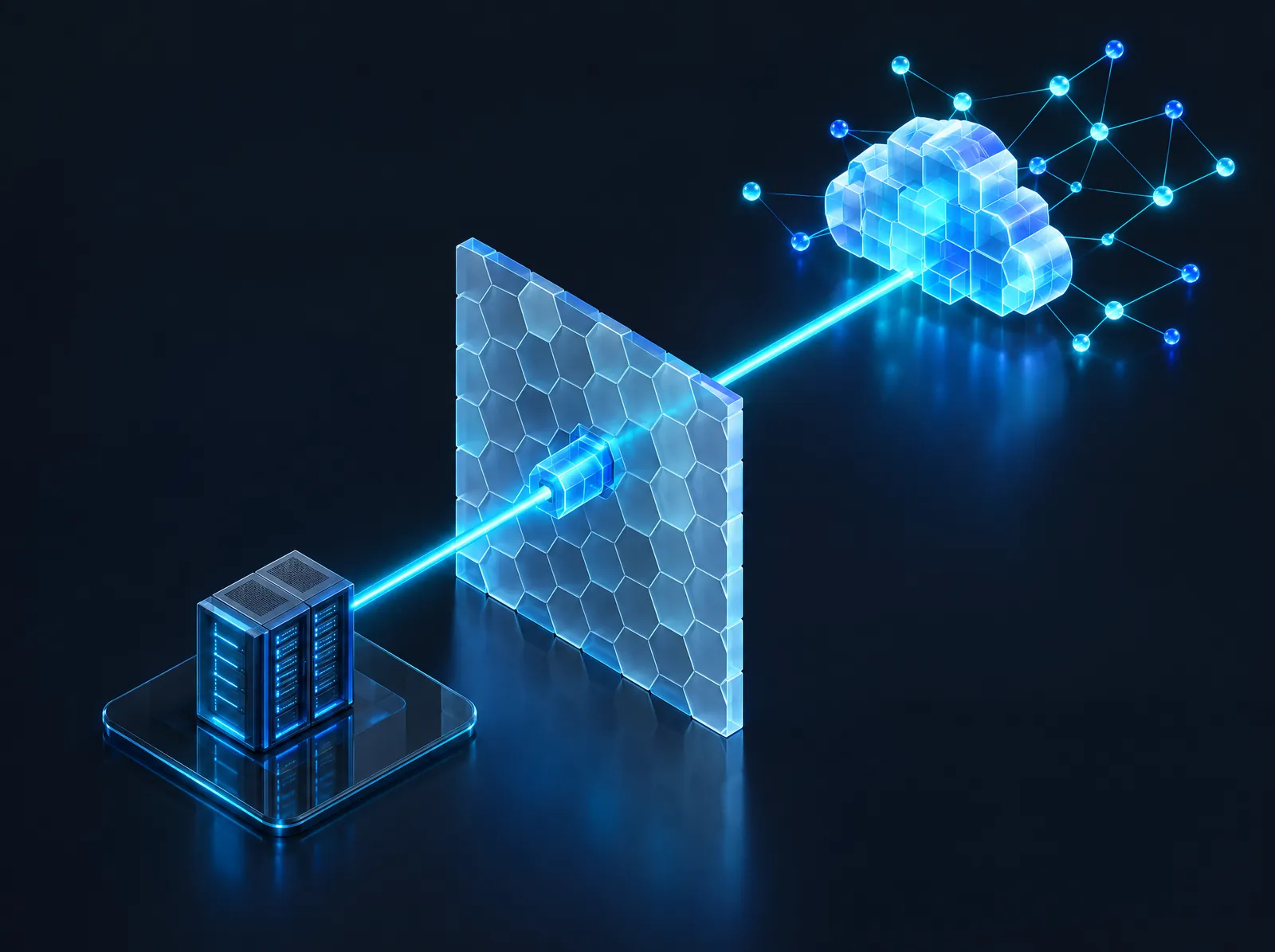 Illustration: a local server sends a single encrypted beam through a firewall to the cloud and on into the Peppol network