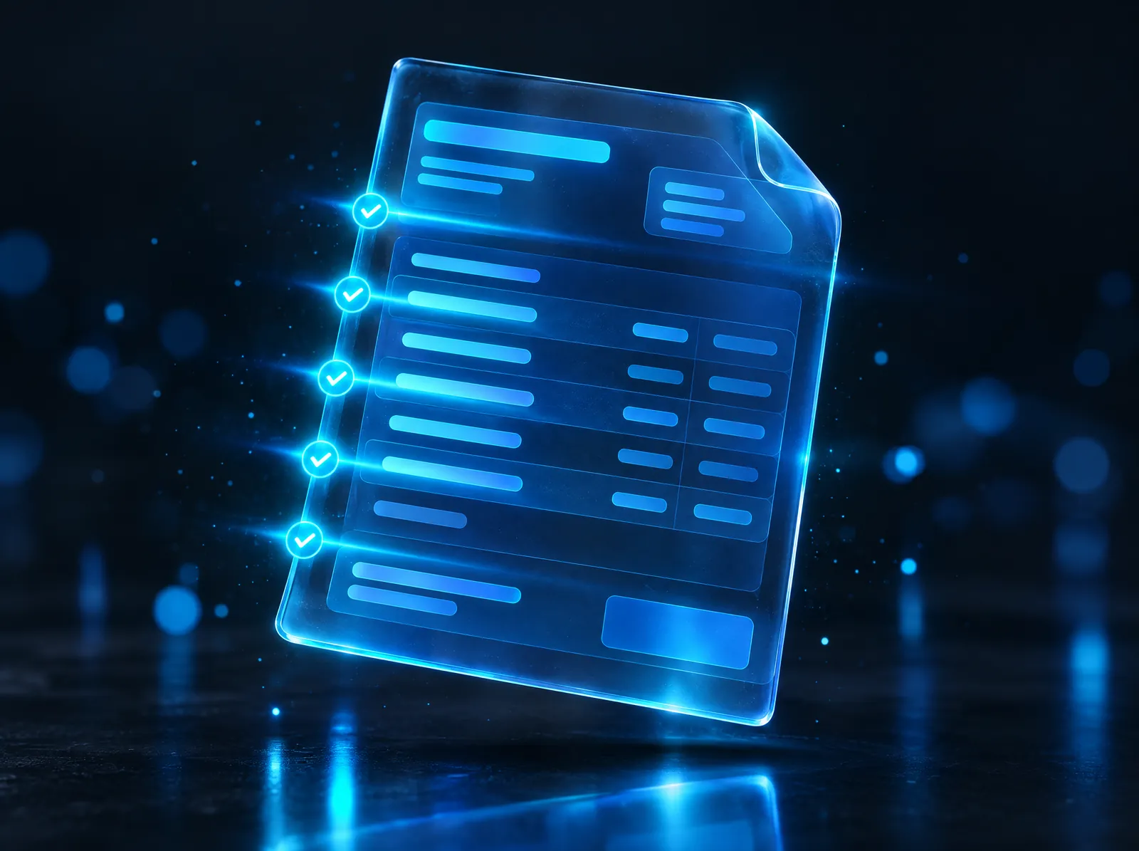 Illustration: a glass e-invoice whose fields are validated one by one by a beam of light